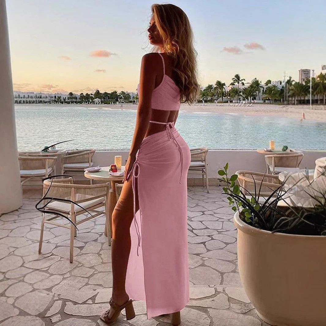 Asymmetrical Neck Spaghetti Strap Sexy Lace-Up Cutout Slit Maxi Dress - Image 6