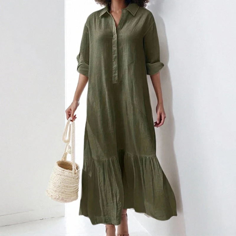 Asymmetrical Shirt Collar Button-Up Casual Long Sleeve Dress - Image 10