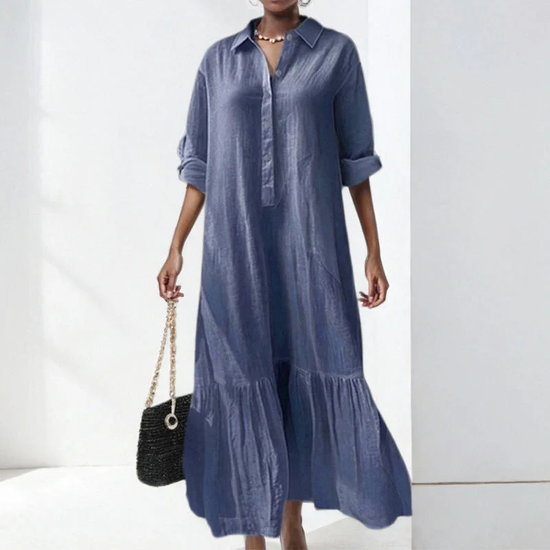Asymmetrical Shirt Collar Button-Up Casual Long Sleeve Dress - Image 3