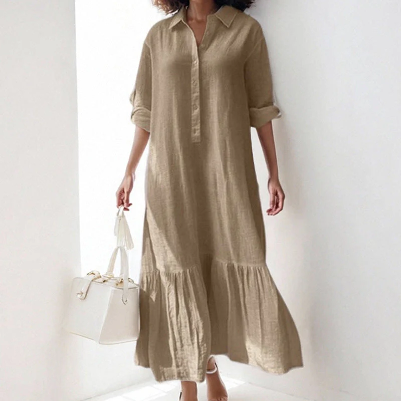 Asymmetrical Shirt Collar Button-Up Casual Long Sleeve Dress - Image 4