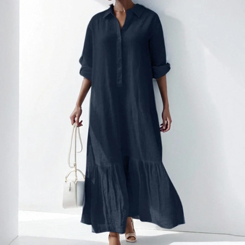 Asymmetrical Shirt Collar Button-Up Casual Long Sleeve Dress - Image 5