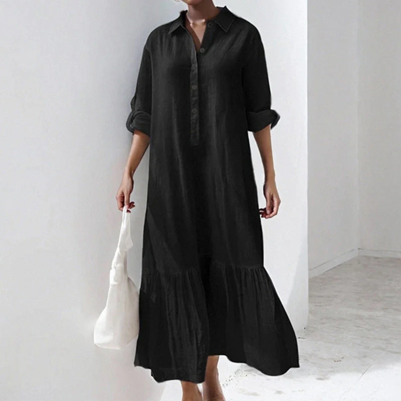 Asymmetrical Shirt Collar Button-Up Casual Long Sleeve Dress - Image 9