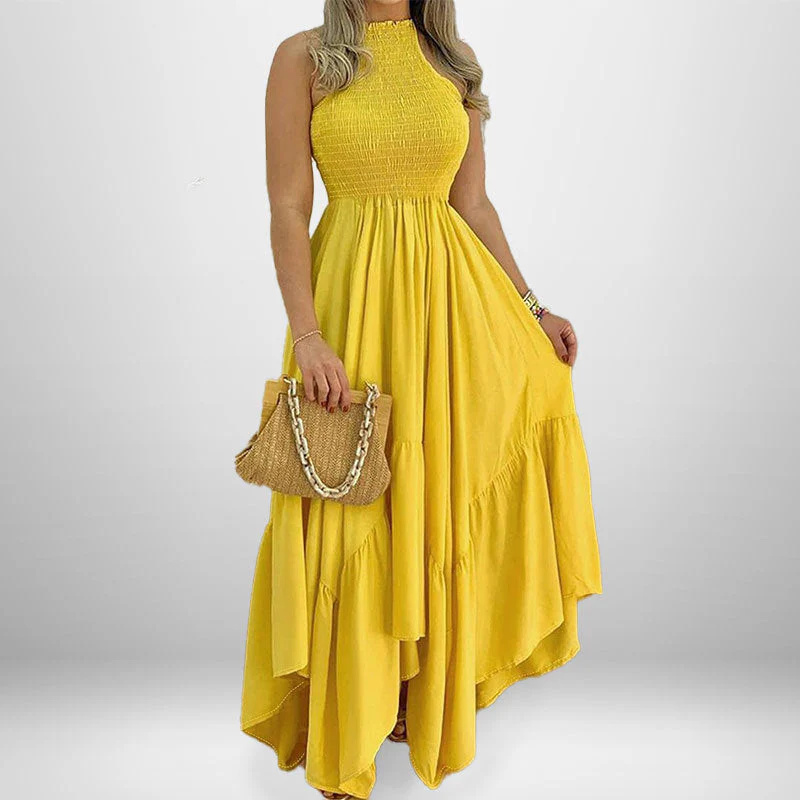 Ruched Sleeveless Solid Color Asymmetrical Flared Dress - Image 3