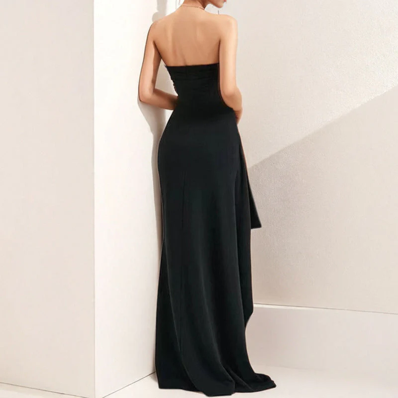 Strapless Sexy Backless High-Slit Solid Color Gown - Image 4