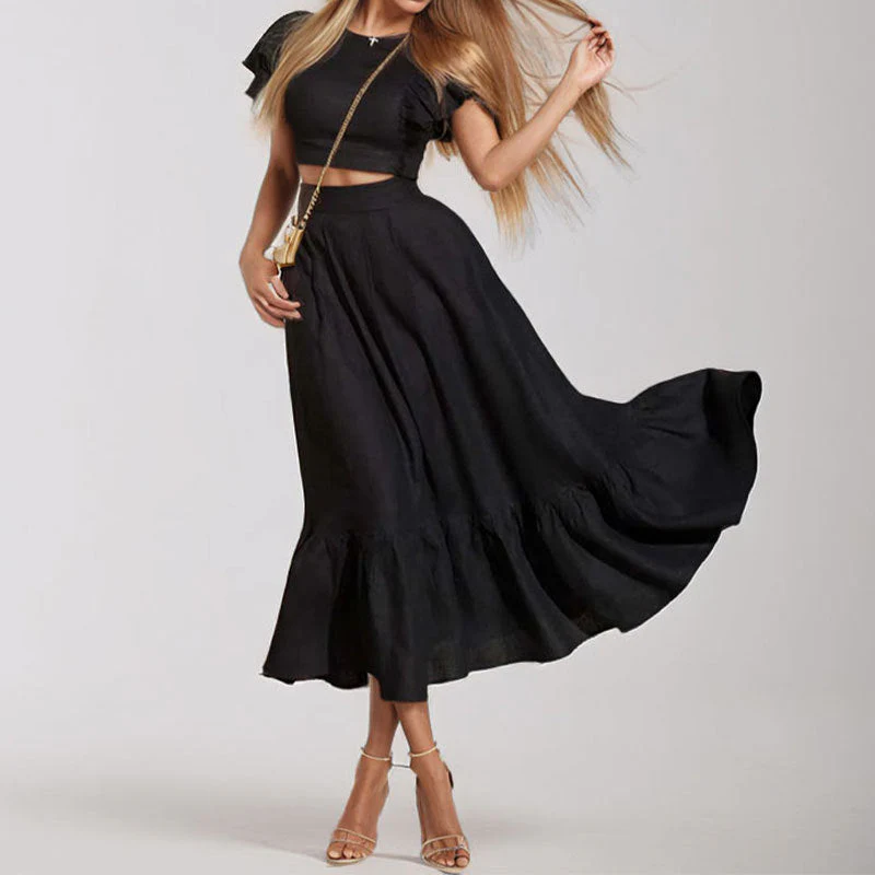 Two-Piece Set with Ruffled Short-Sleeve Crop Top and High-Waisted Solid Color Maxi Skirt - Image 3
