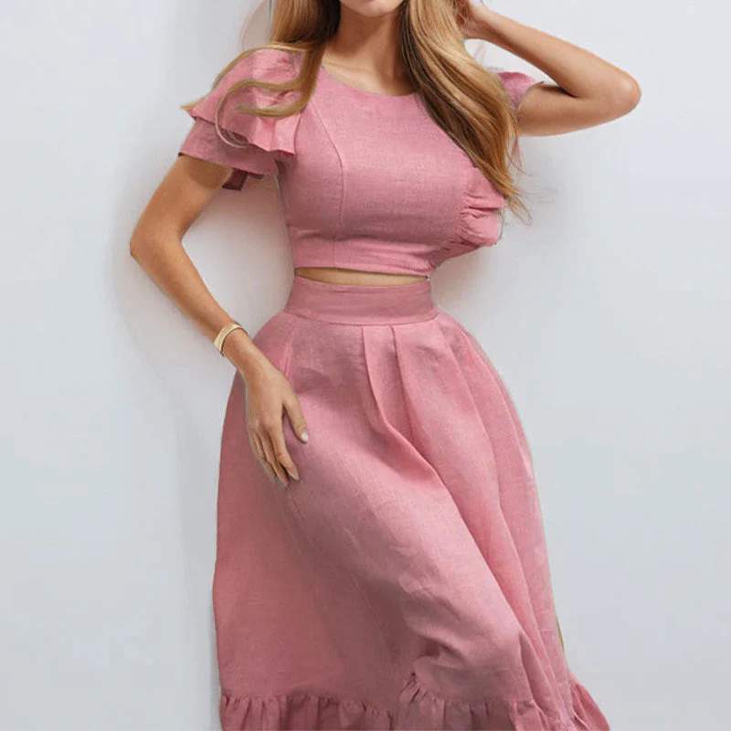Two-Piece Set with Ruffled Short-Sleeve Crop Top and High-Waisted Solid Color Maxi Skirt - Image 4