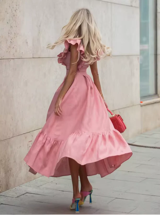 Two-Piece Set with Ruffled Short-Sleeve Crop Top and High-Waisted Solid Color Maxi Skirt - Image 5