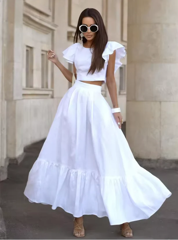 Two-Piece Set with Ruffled Short-Sleeve Crop Top and High-Waisted Solid Color Maxi Skirt - Image 6