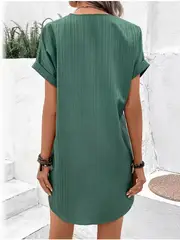 V-Neck Short Sleeve Solid Pullover Button Dress - Image 3