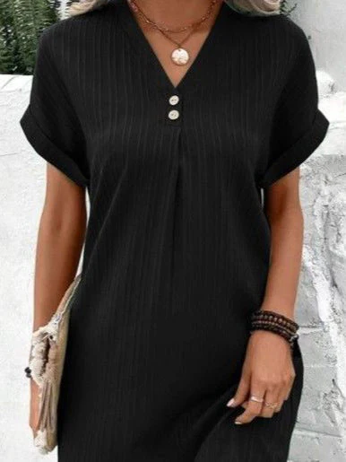 V-Neck Short Sleeve Solid Pullover Button Dress - Image 5