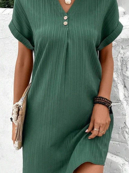 V-Neck Short Sleeve Solid Pullover Button Dress - Image 7