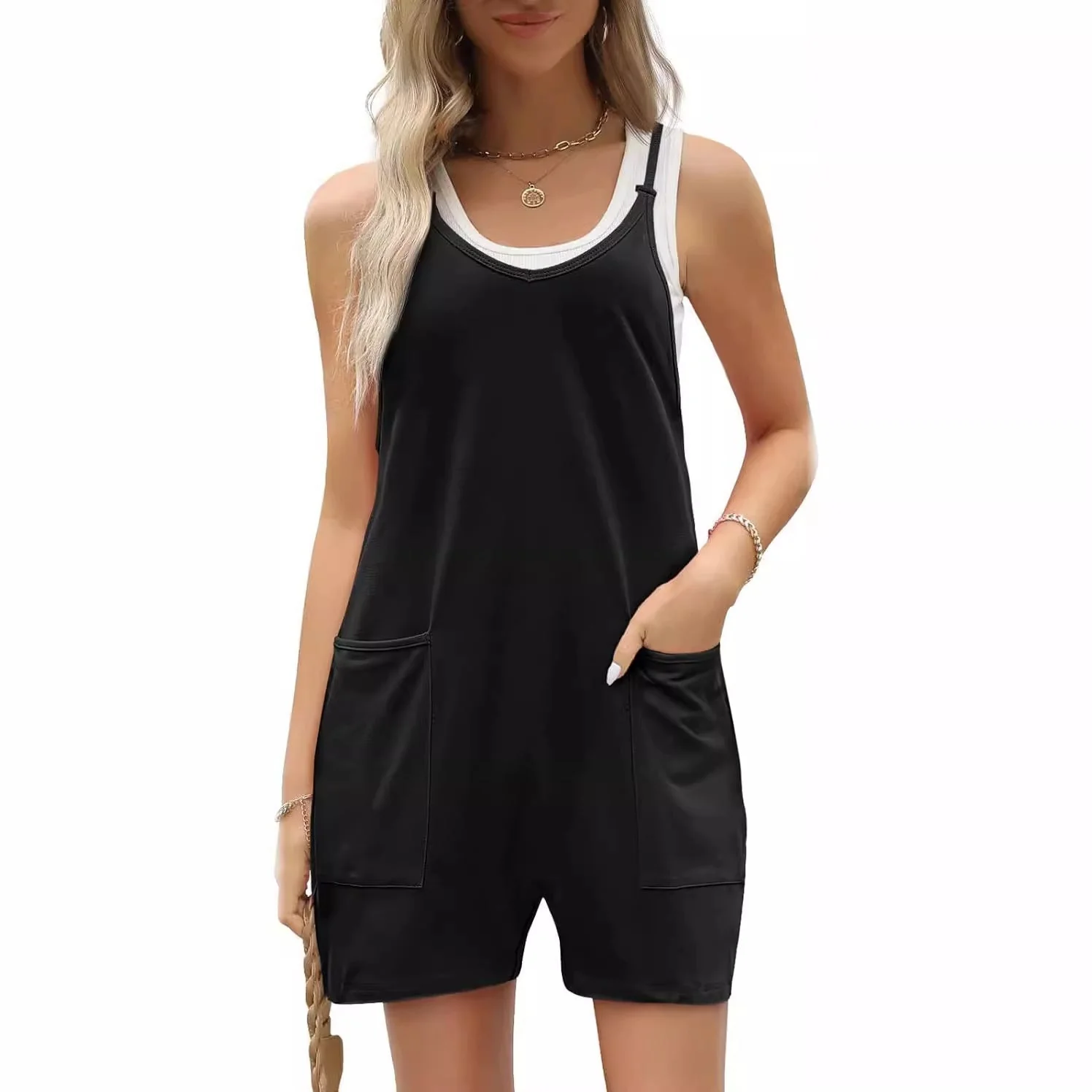 Women's Casual Sleeveless Loose Short Jumpsuit with Thin Straps - Image 9