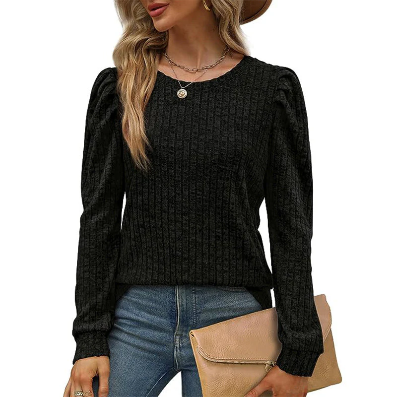 Women's Puff Sleeve Long Sleeve Crew Neck Knit Top - Image 11