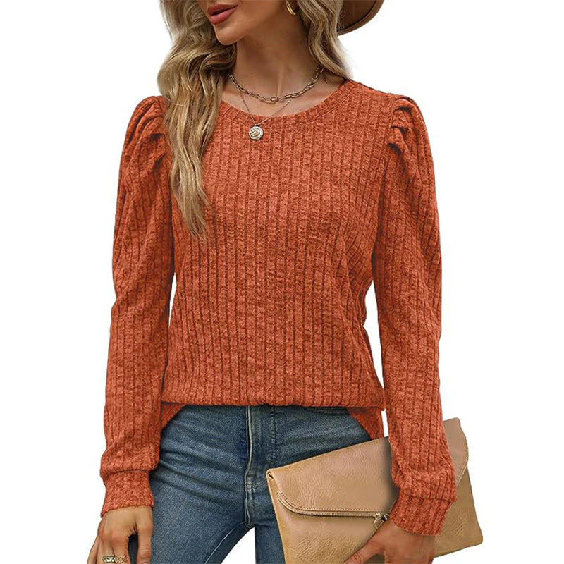 Women's Puff Sleeve Long Sleeve Crew Neck Knit Top - Image 12