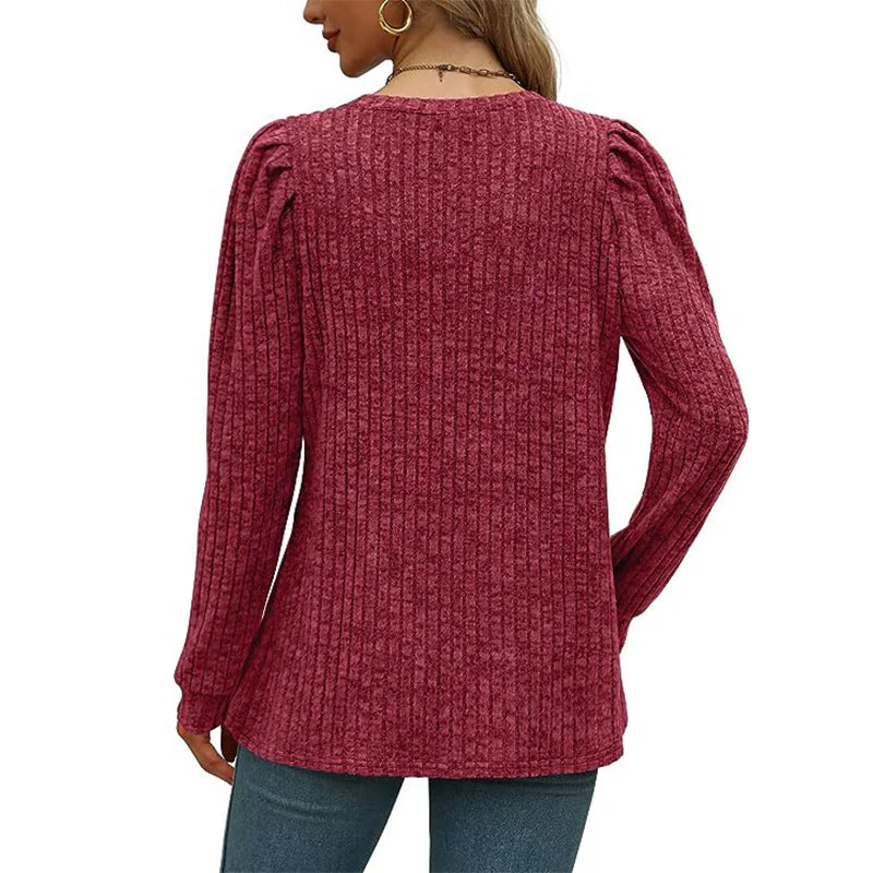 Women's Puff Sleeve Long Sleeve Crew Neck Knit Top - Image 3