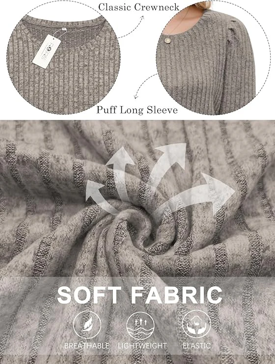Women's Puff Sleeve Long Sleeve Crew Neck Knit Top - Image 7