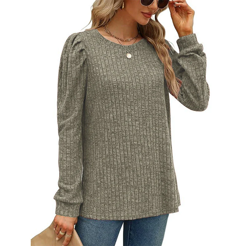 Women's Puff Sleeve Long Sleeve Crew Neck Knit Top - Image 9